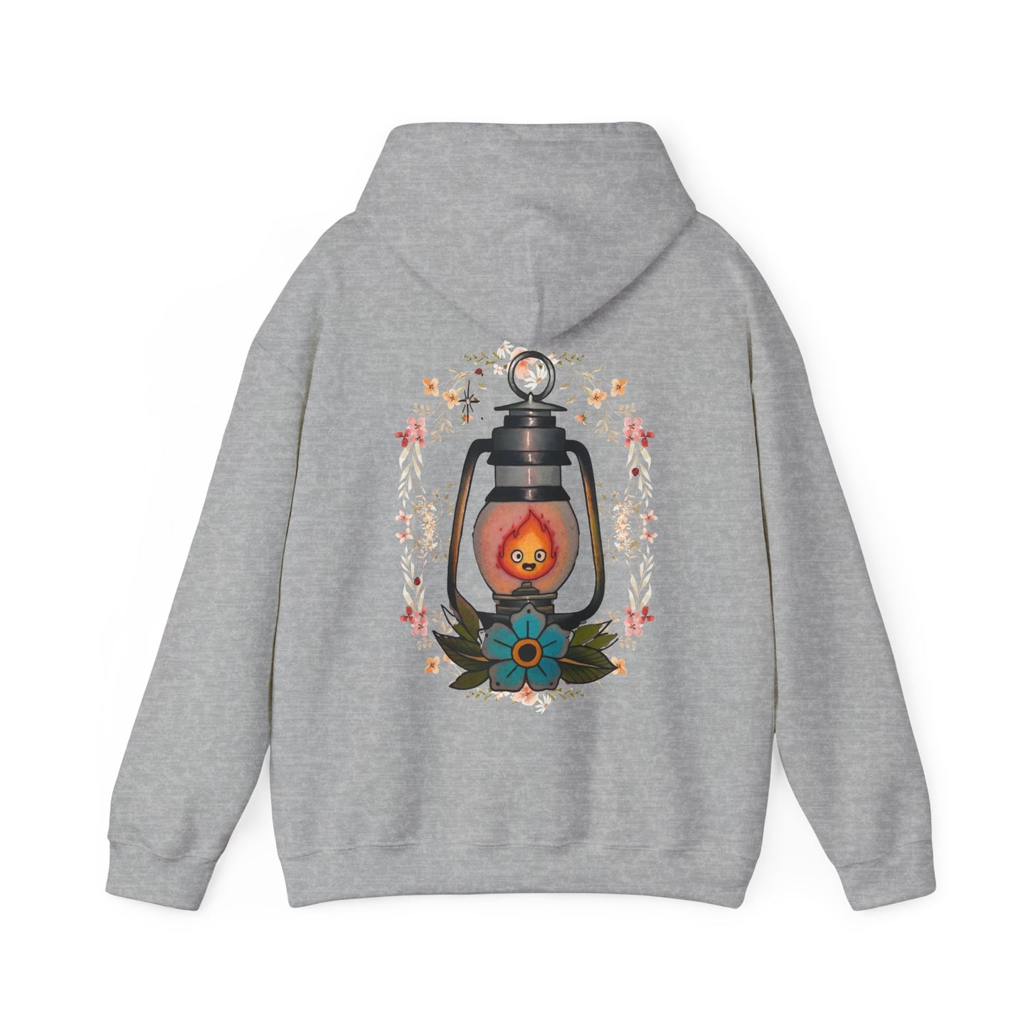 Calcifer Lamp Flowers Back Print Hoodie – 100% Cotton Studio Ghibli Inspired Sweatshirt