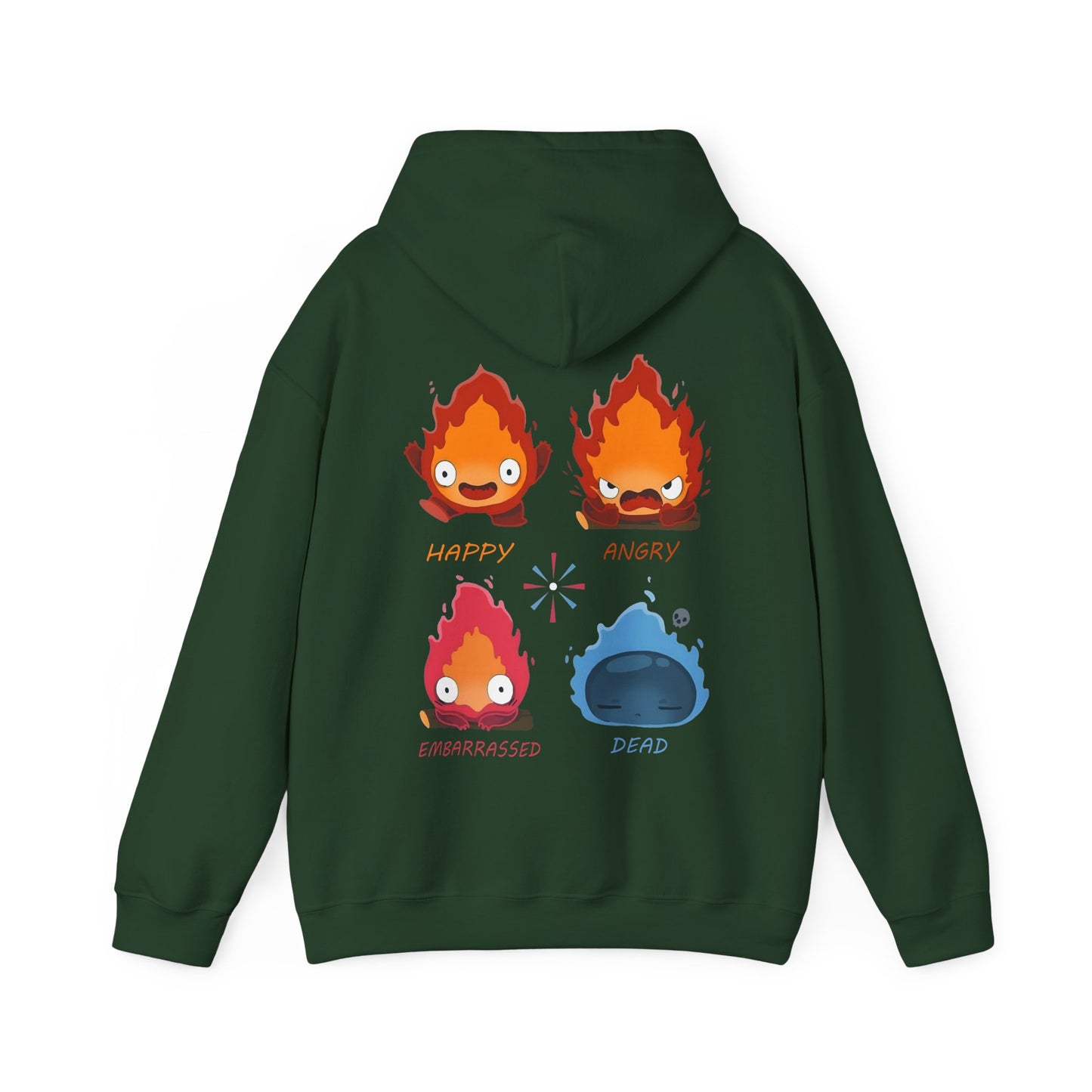 Funny Calcifer Faces Back Print Hoodie – 100% Cotton Anime Pullover | Howl’s Moving Castle Ghibli Style