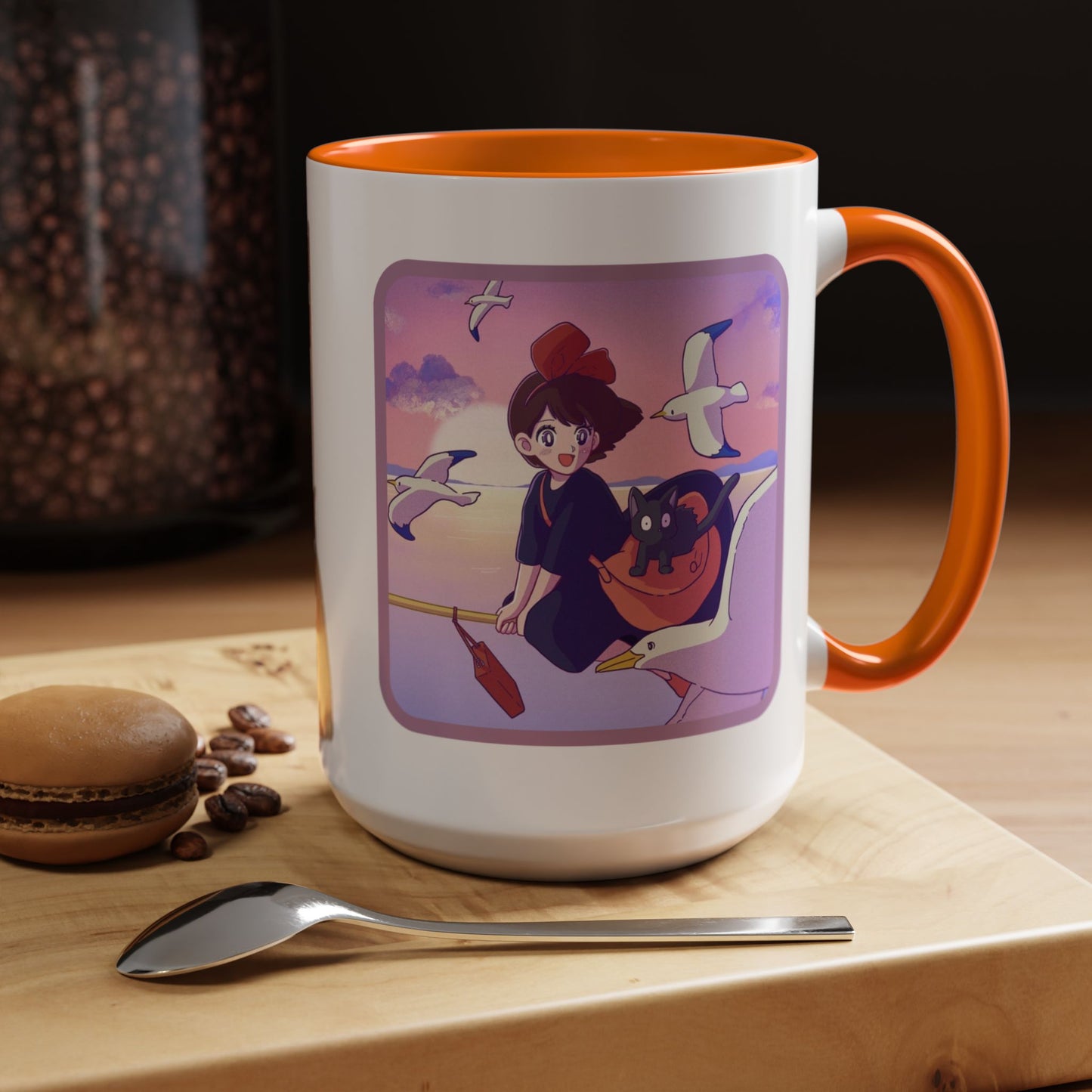 Jiji Funny Accent Mug – Kiki’s Delivery Service Color Handle Cup 11oz & 15oz – Cute Ghibli Cat Anime Gift