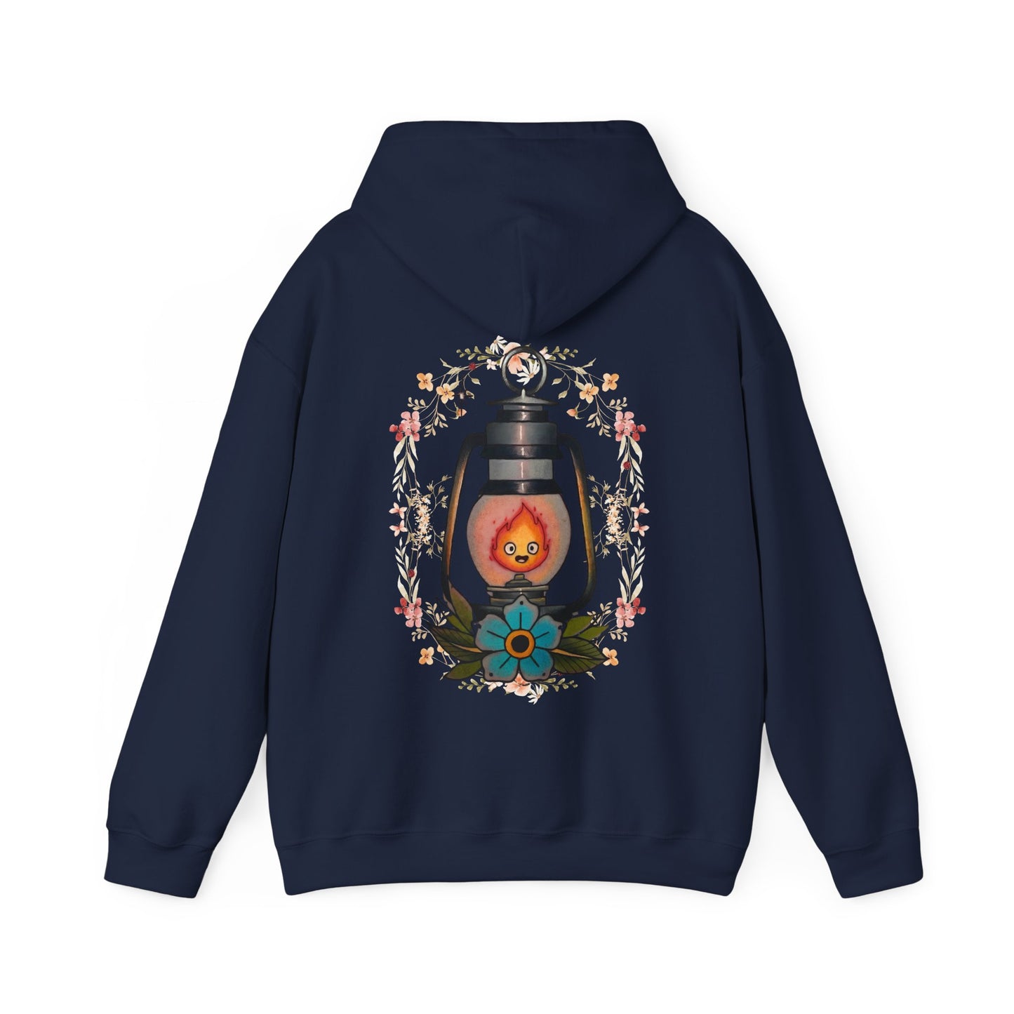 Calcifer Lamp Flowers Back Print Hoodie – 100% Cotton Studio Ghibli Inspired Sweatshirt