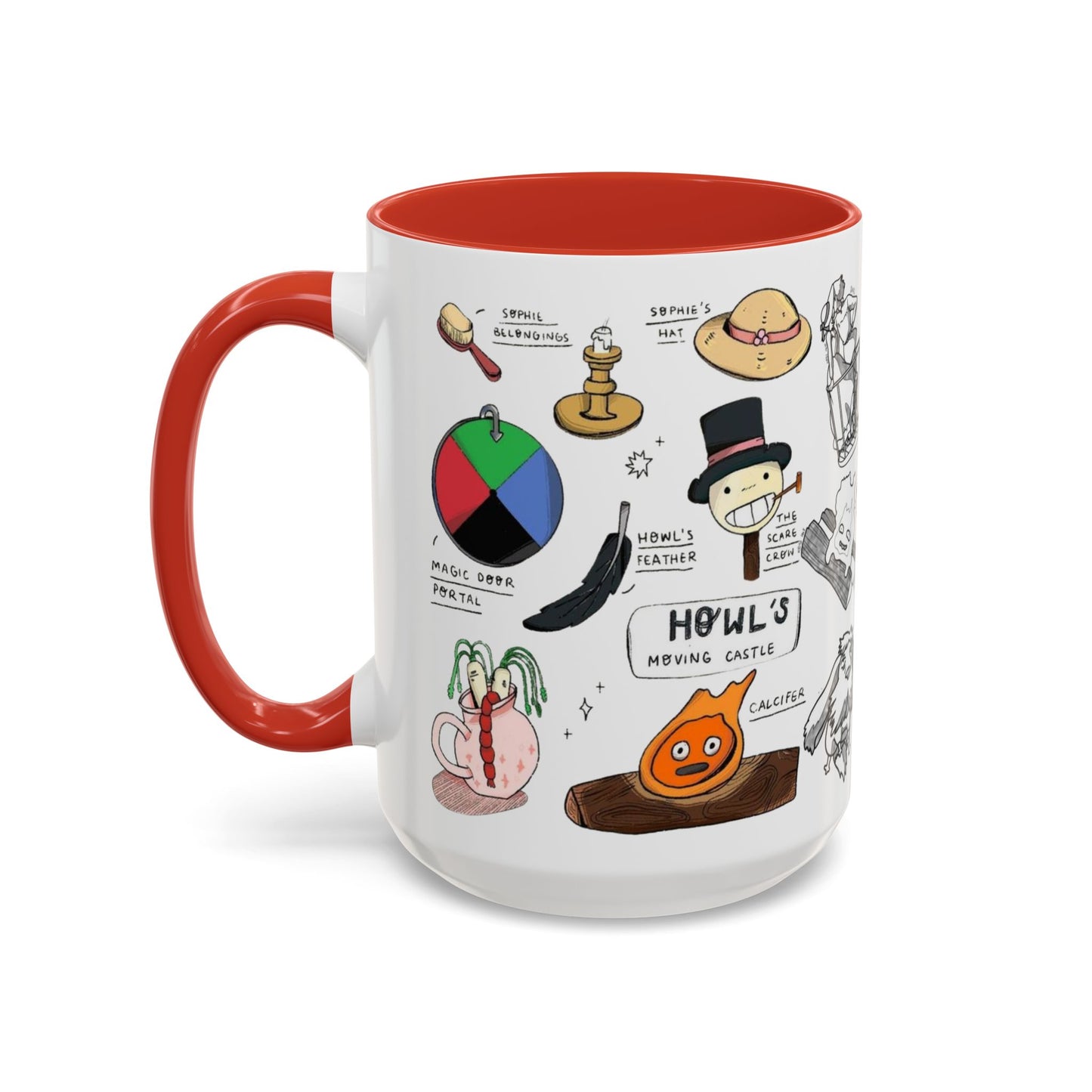 Howl’s Moving Castle Accent Mug – Ghibli Collage Color Handle Cup 11oz & 15oz – Anime Coffee Mug Featuring Howl & Calcifer