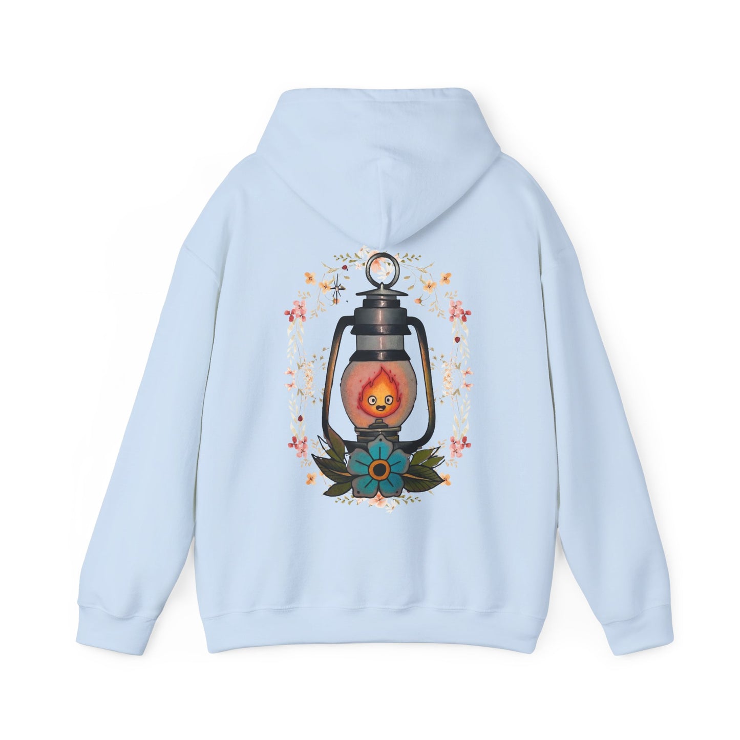 Calcifer Lamp Flowers Back Print Hoodie – 100% Cotton Studio Ghibli Inspired Sweatshirt
