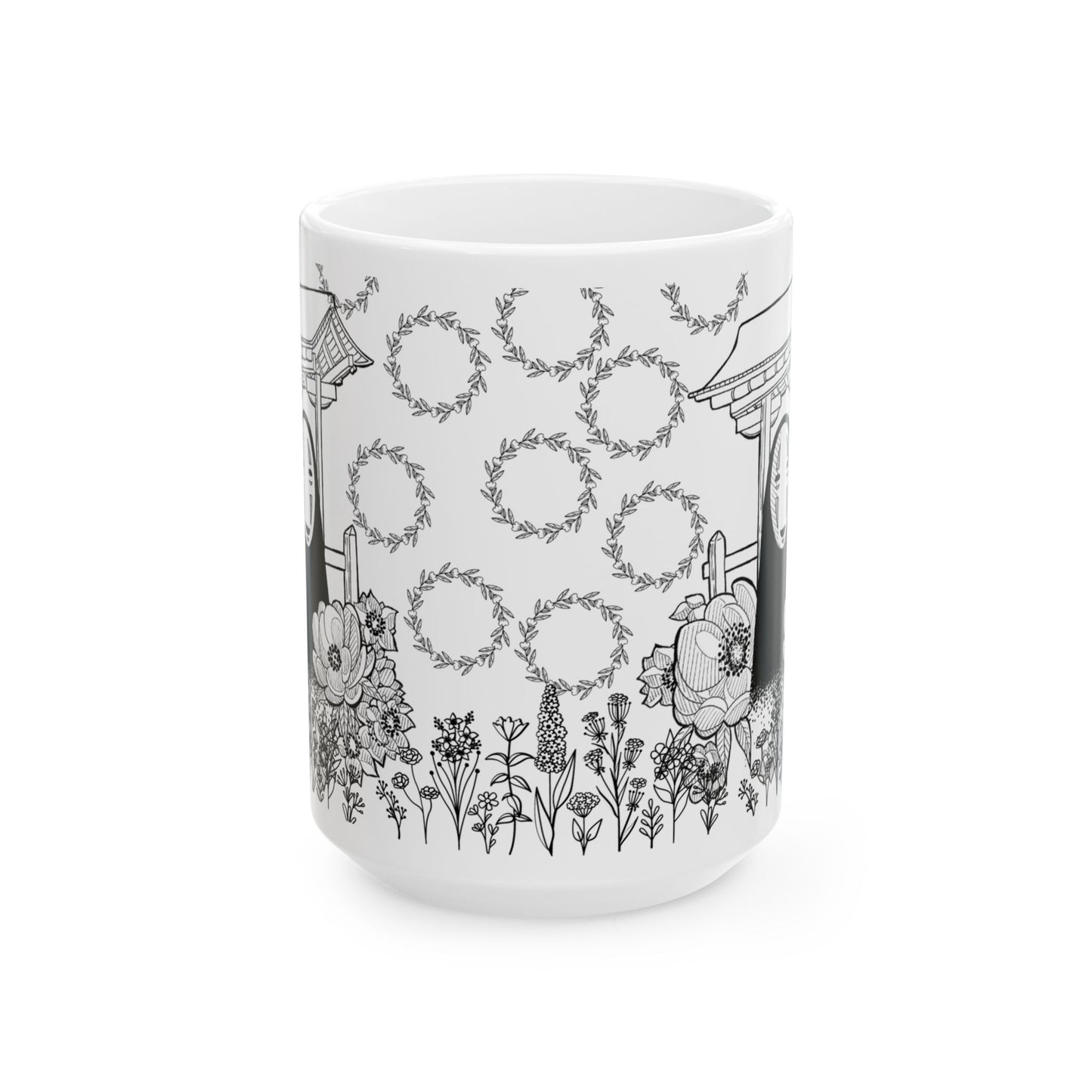 No Face Flowers Mug – Studio Ghibli Inspired Ceramic Cup – 11oz & 15oz Anime Coffee Mug Gift