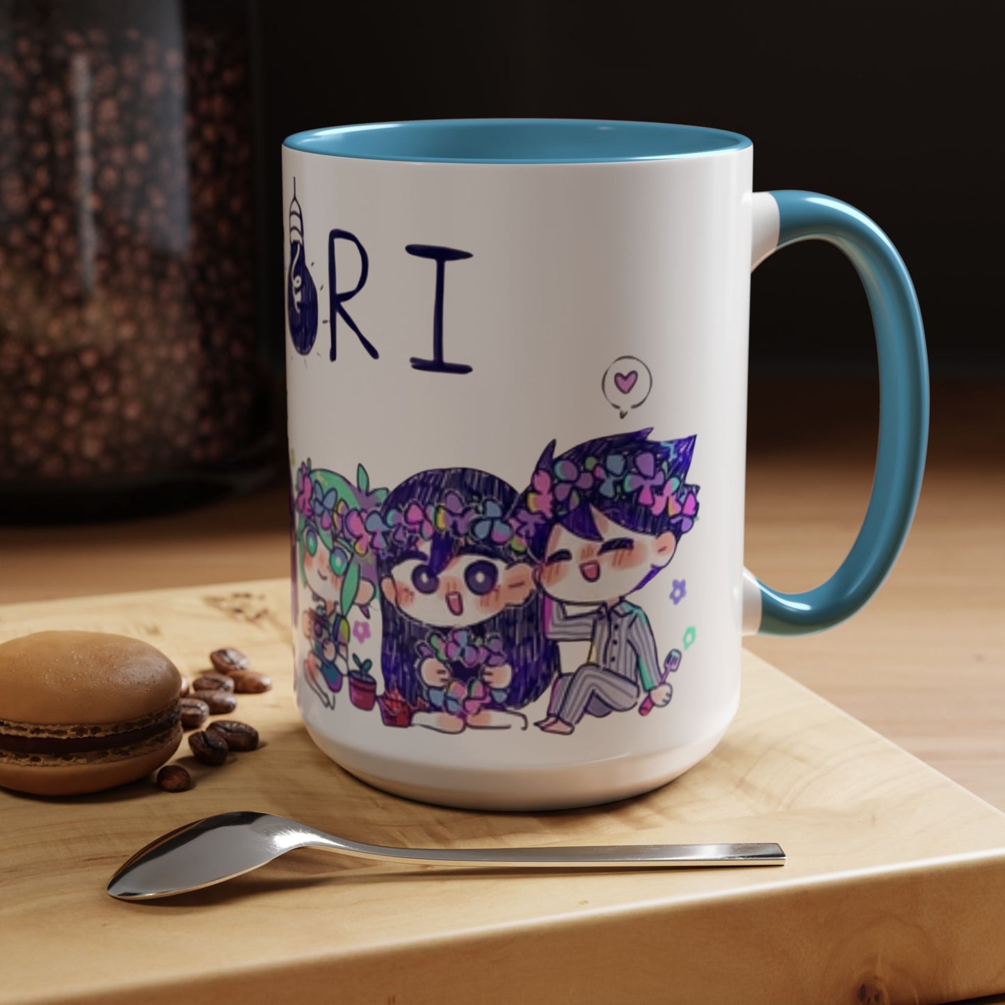 Family Omori Accent Handle Mug – 11oz & 15oz Color Handle Ceramic Cup – Cute Indie Game Gift for Omori Fans