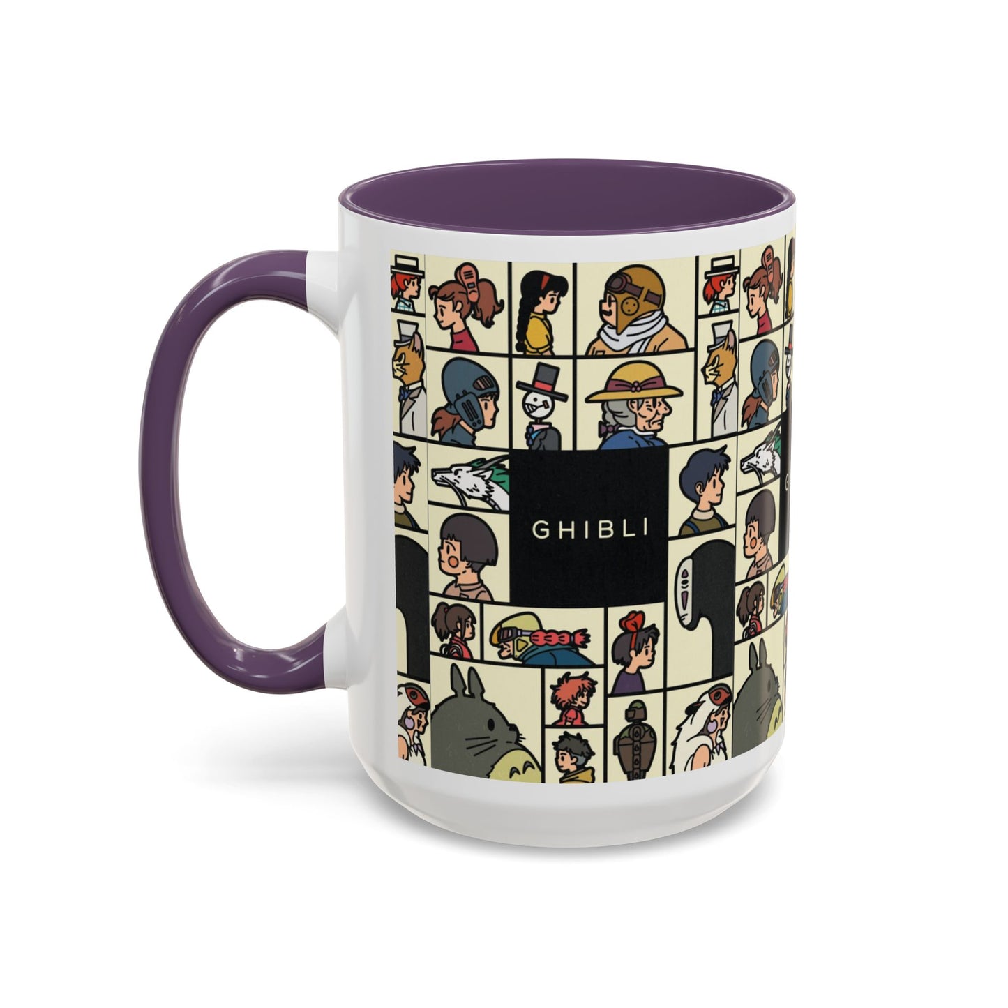 Studio Ghibli Characters Sketch Accent Mug – 11oz & 15oz Anime Coffee Cup with Color Handle