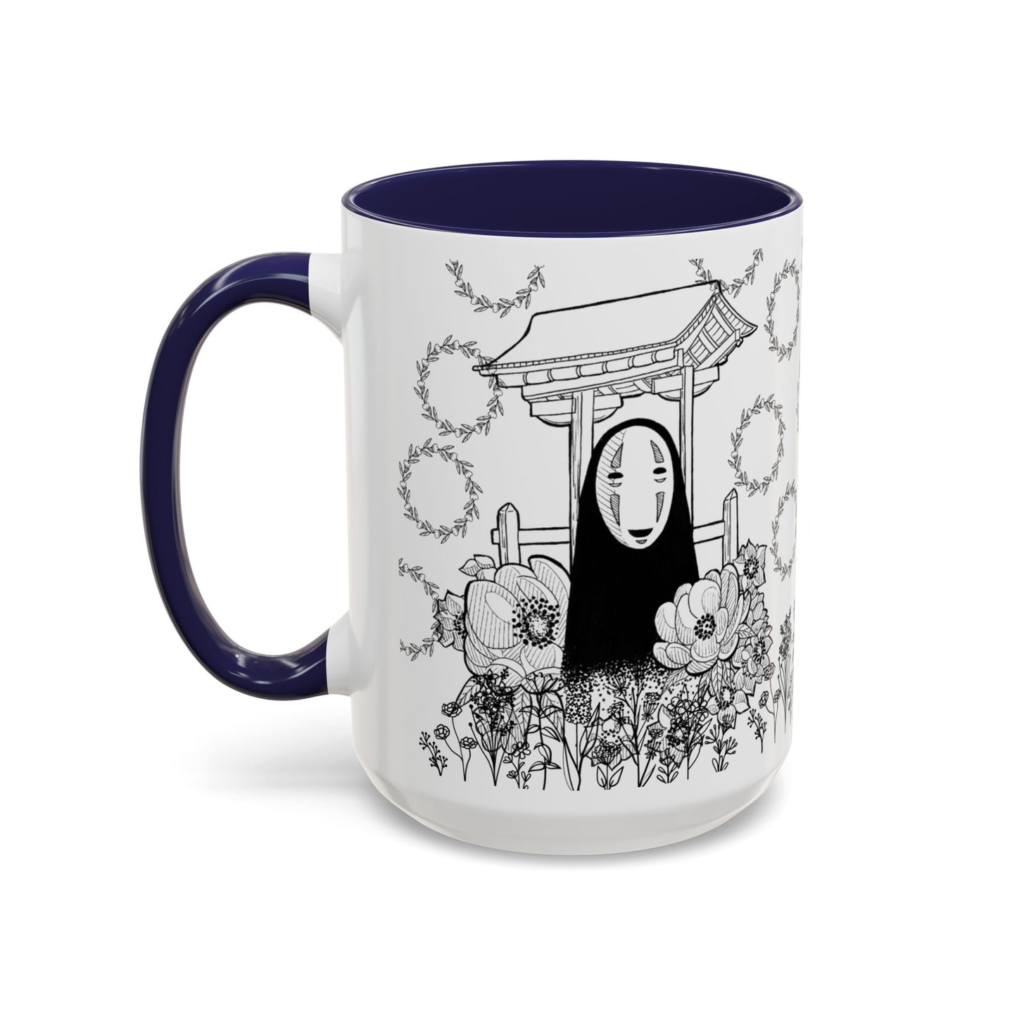 No Face Flowers Accent Mug – Studio Ghibli Inspired Coffee Cup – 11oz & 15oz Ceramic Anime Gift