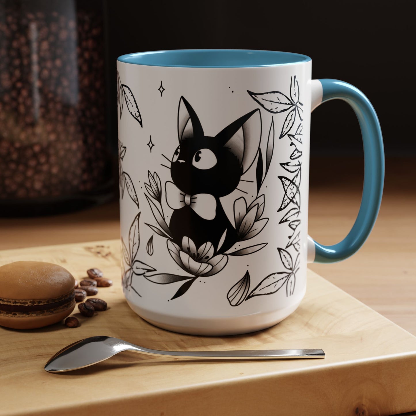 Jiji Cat Studio Ghibli Mug – 11oz & 15oz Accent Handle Coffee Cup – Cute Kiki’s Delivery Service Gift