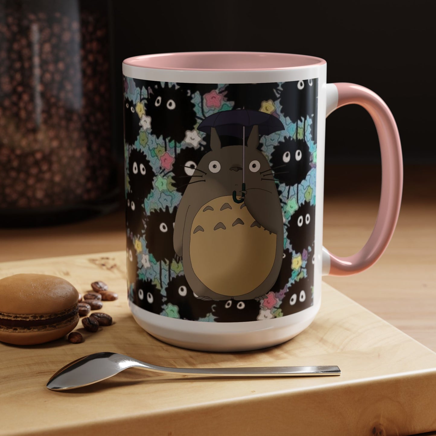 Totoro & Soot Sprites Accent Mug – Studio Ghibli Color Handle Cup – 11oz & 15oz Ceramic Anime Gift