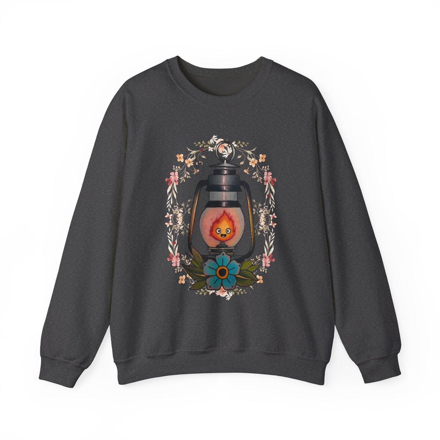 Calcifer Lamp Flowers Sweatshirt – Cozy 100% Cotton Howl’s Moving Castle Anime Pullover