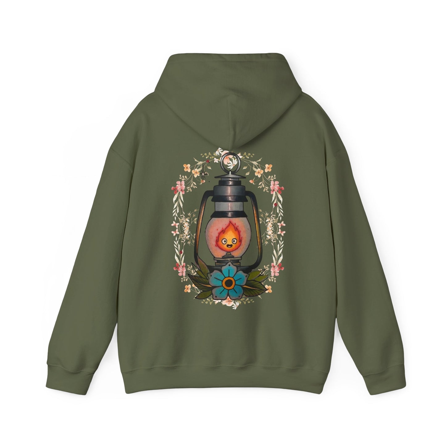 Calcifer Lamp Flowers Back Print Hoodie – 100% Cotton Studio Ghibli Inspired Sweatshirt