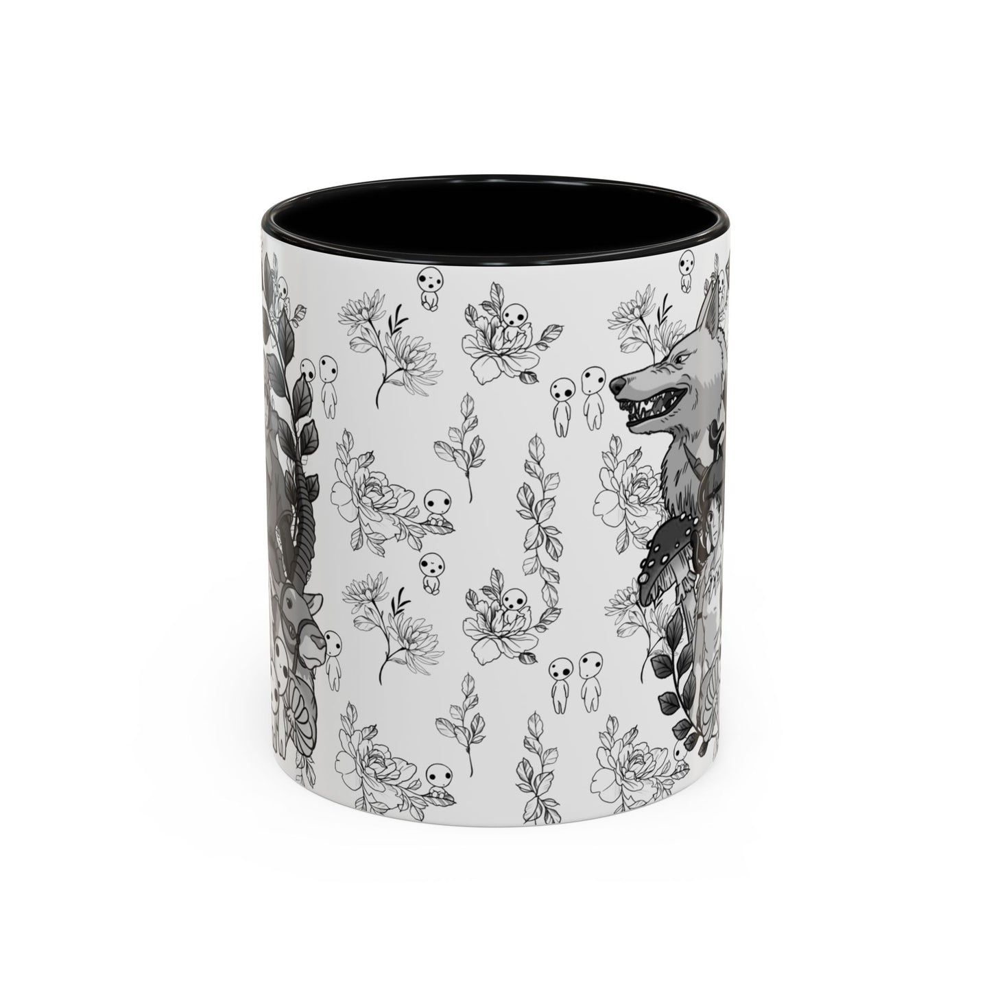 Princess Mononoke Black and White Accent Mug – Studio Ghibli Coffee Cup with Colored Handle – 11oz & 15oz Ceramic Anime Gift