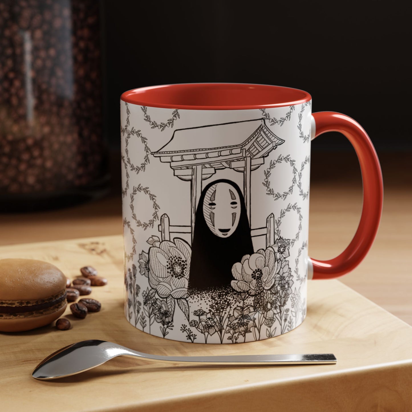 No Face Flowers Accent Mug – Studio Ghibli Inspired Coffee Cup – 11oz & 15oz Ceramic Anime Gift