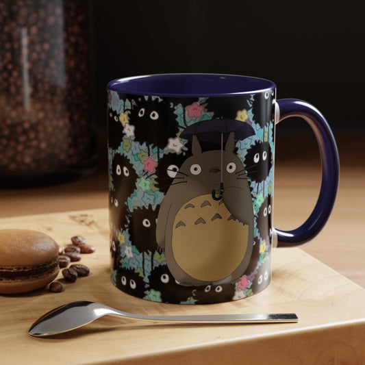 Totoro & Soot Sprites Accent Mug – Studio Ghibli Color Handle Cup – 11oz & 15oz Ceramic Anime Gift