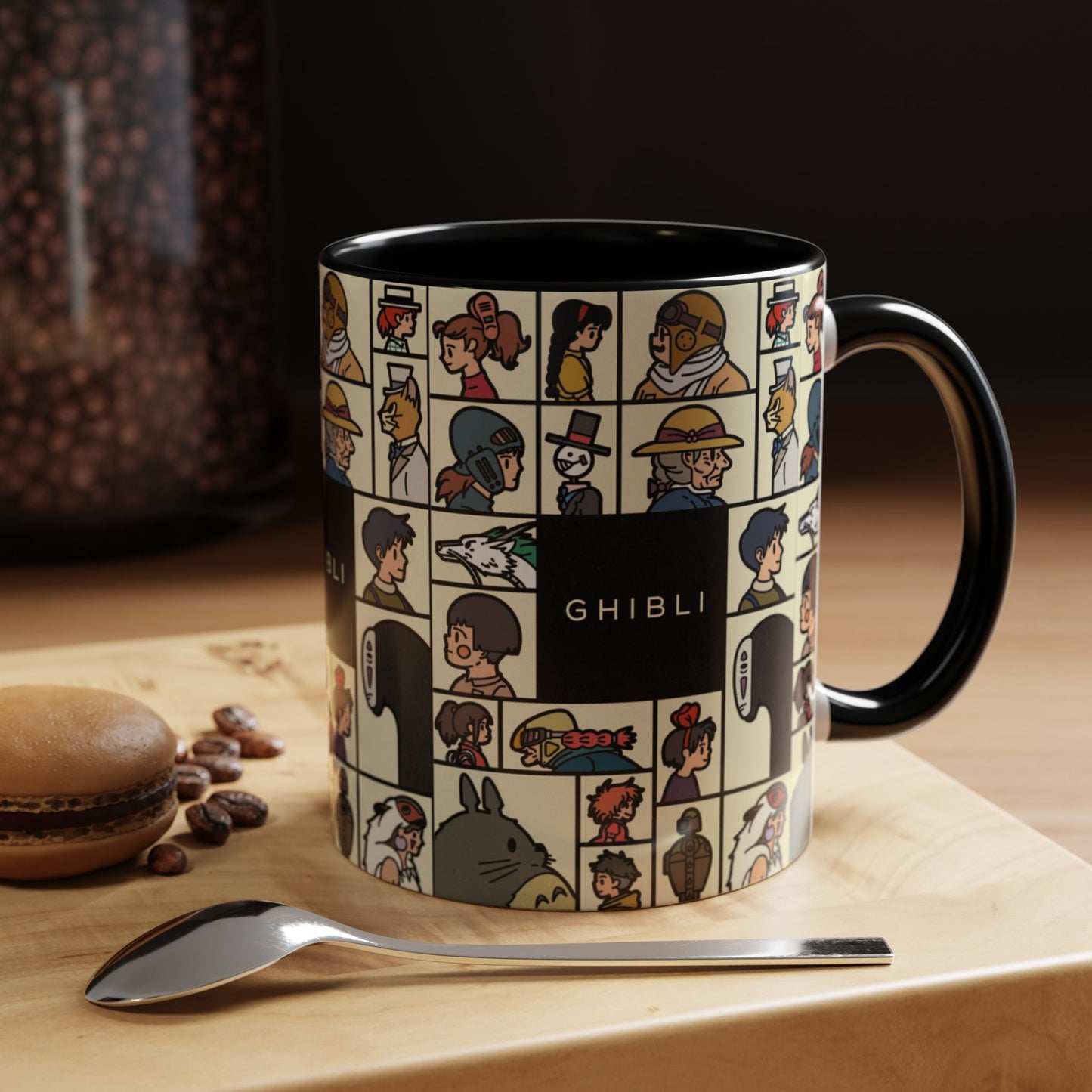 Studio Ghibli Characters Sketch Accent Mug – 11oz & 15oz Anime Coffee Cup with Color Handle