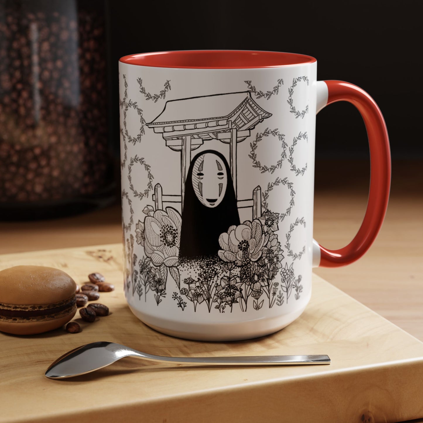 No Face Flowers Accent Mug – Studio Ghibli Inspired Coffee Cup – 11oz & 15oz Ceramic Anime Gift