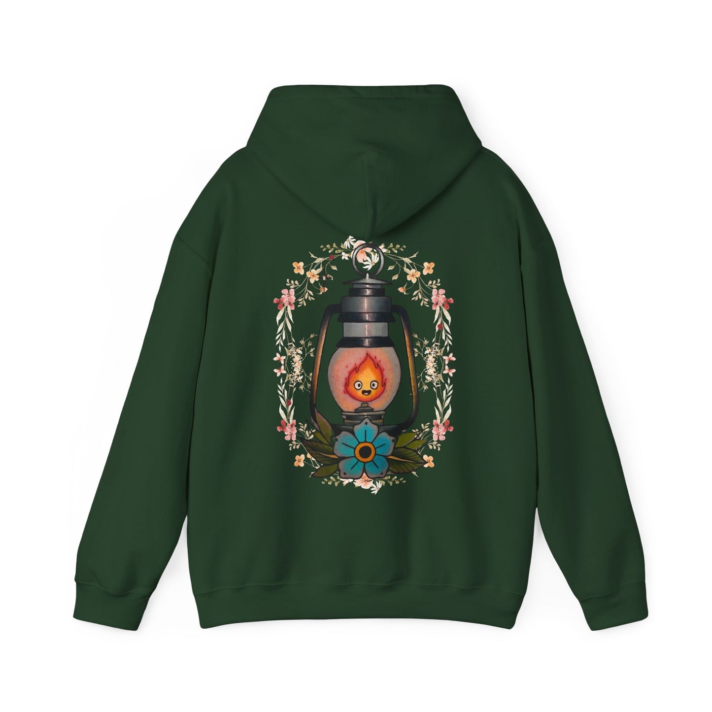 Calcifer Lamp Flowers Back Print Hoodie – 100% Cotton Studio Ghibli Inspired Sweatshirt
