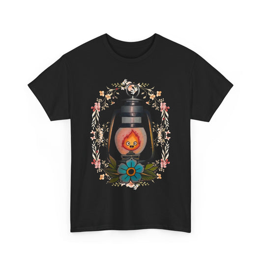 Calcifer Lamp Flowers T-Shirt – 100% Cotton Howl’s Moving Castle Inspired Tee for Anime Fans