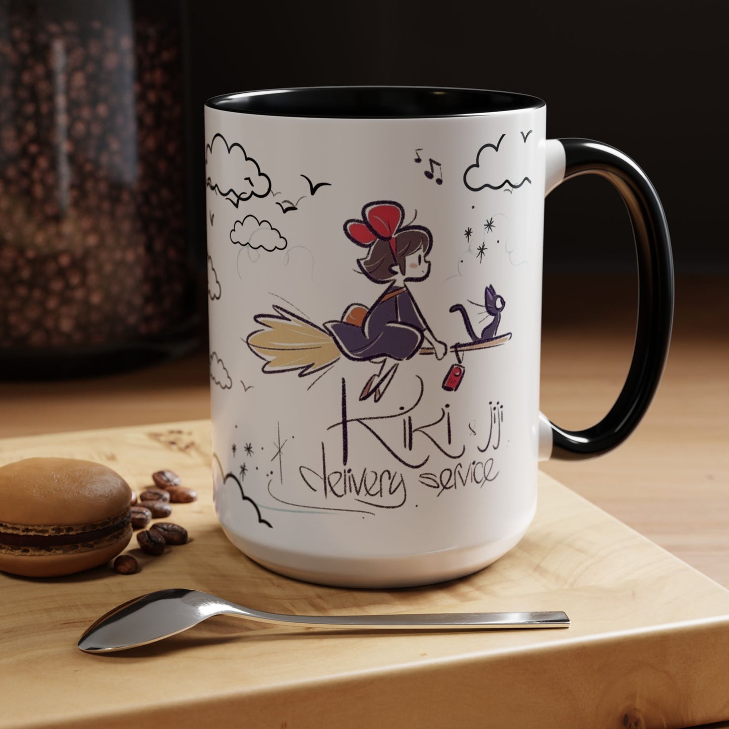 Kiki's Delivery Service Sketch Accent Mug – Studio Ghibli Ceramic Cup – 11oz & 15oz Anime Gift