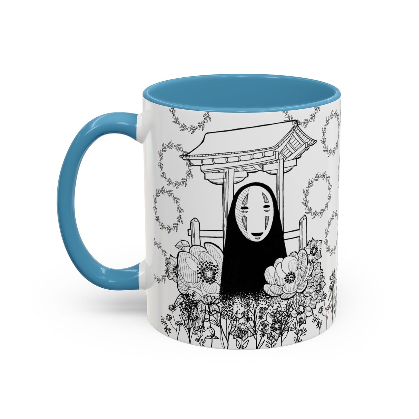 No Face Flowers Accent Mug – Studio Ghibli Inspired Coffee Cup – 11oz & 15oz Ceramic Anime Gift