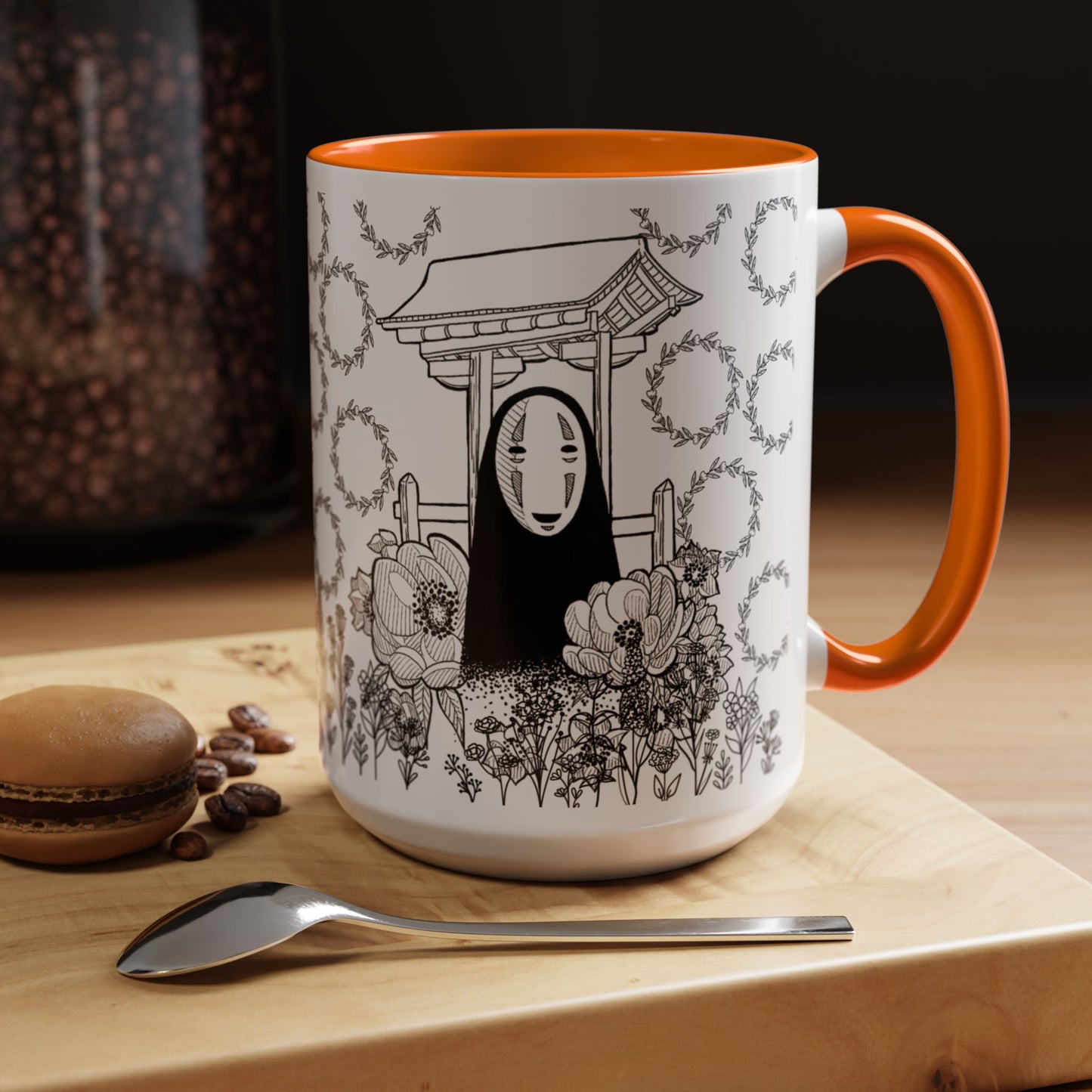 No Face Flowers Accent Mug – Studio Ghibli Inspired Coffee Cup – 11oz & 15oz Ceramic Anime Gift