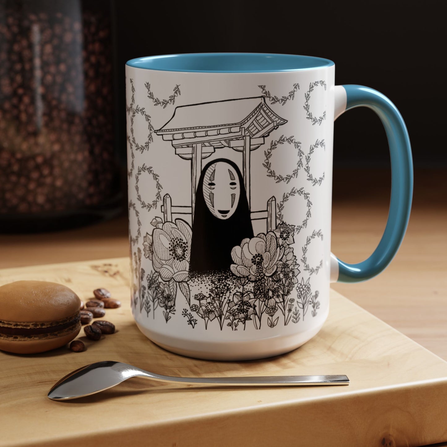 No Face Flowers Accent Mug – Studio Ghibli Inspired Coffee Cup – 11oz & 15oz Ceramic Anime Gift