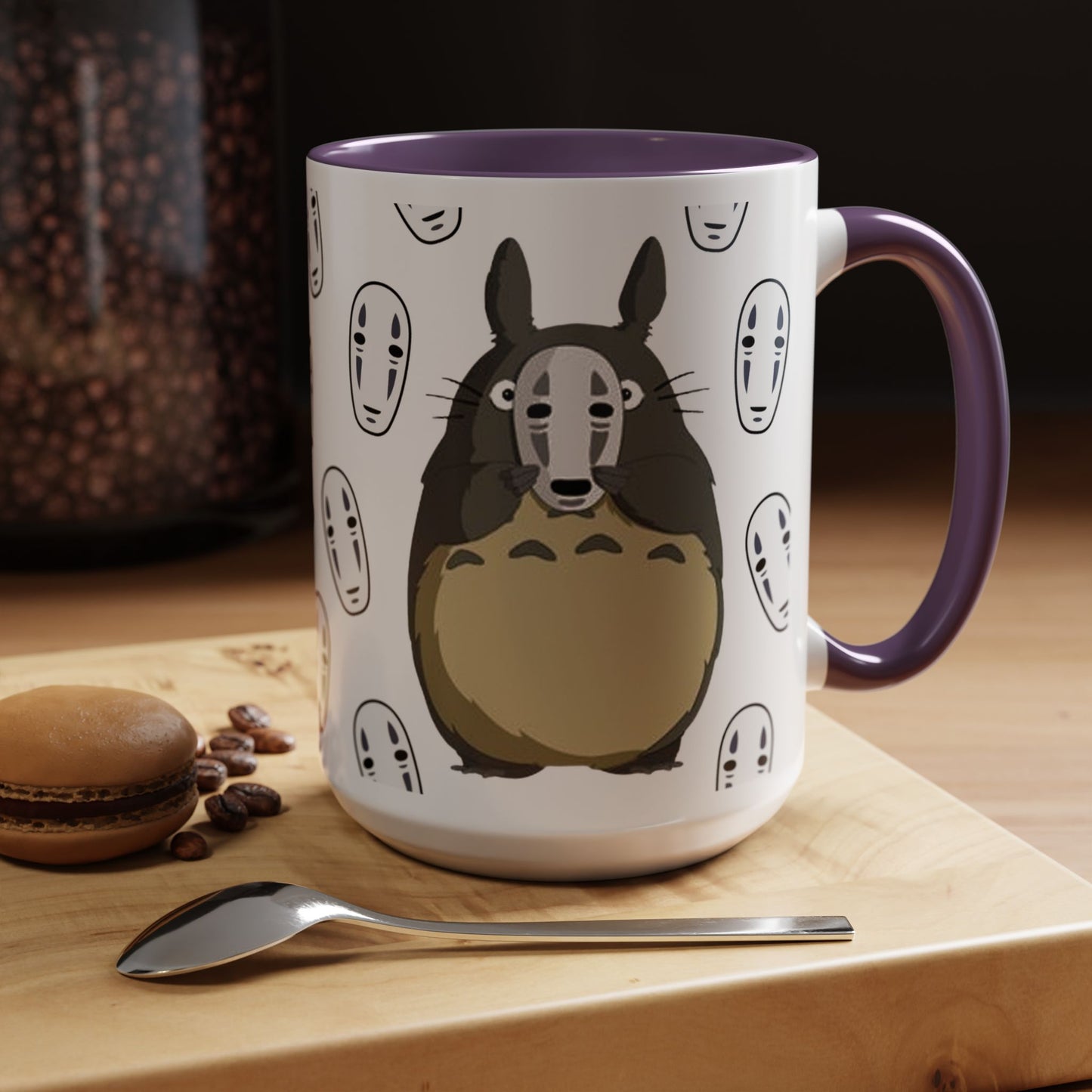 Totoro No Face Mask Accent Mug – Studio Ghibli Color Handle Cup 11oz & 15oz – Cute Anime Crossover Coffee Gift