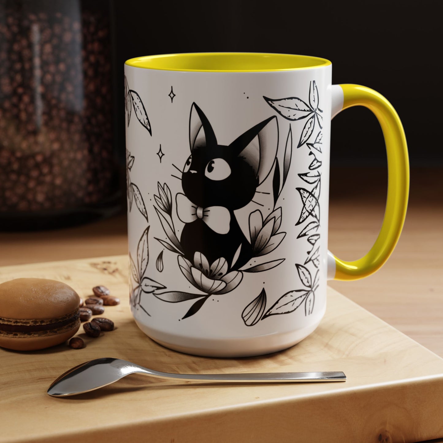 Jiji Cat Studio Ghibli Mug – 11oz & 15oz Accent Handle Coffee Cup – Cute Kiki’s Delivery Service Gift