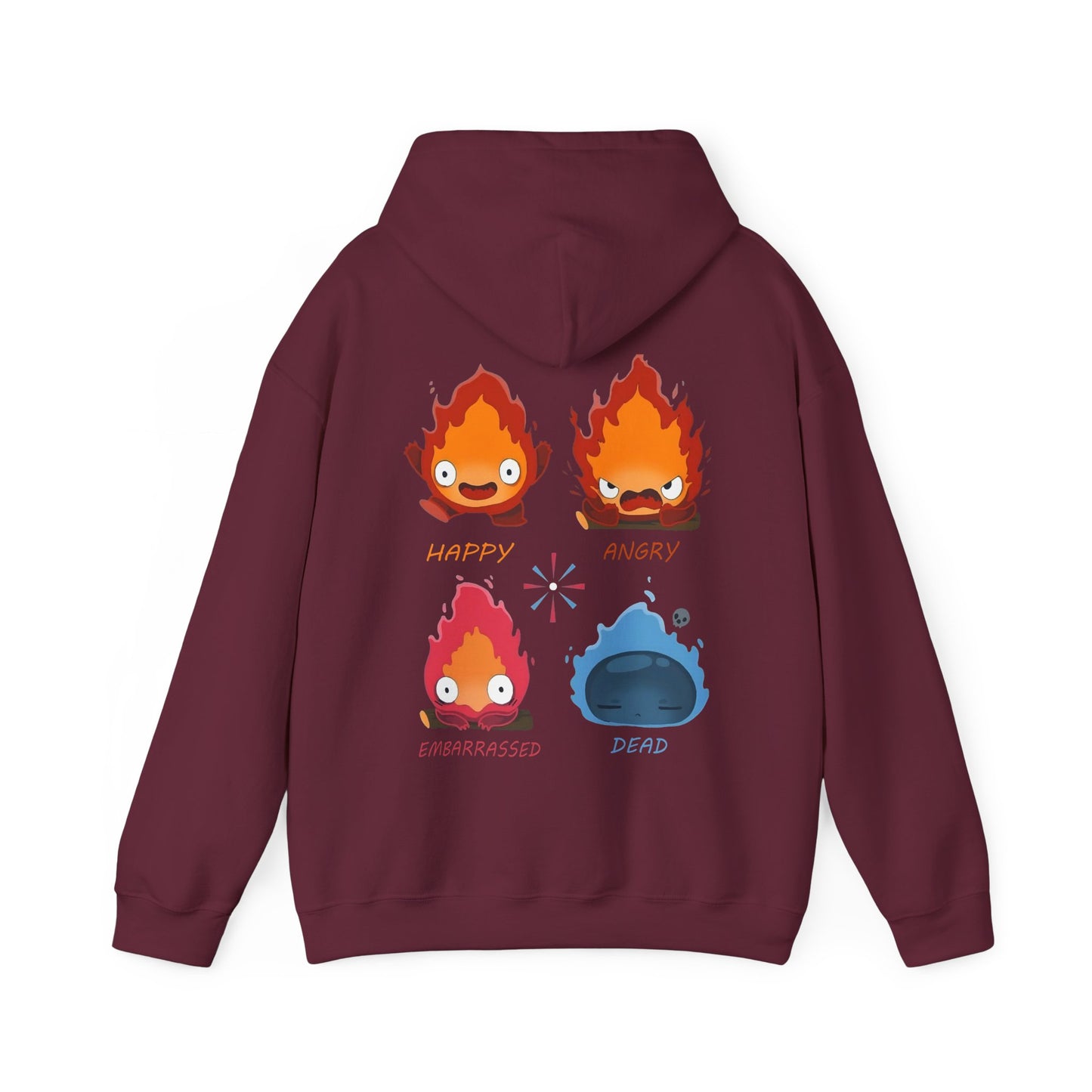 Funny Calcifer Faces Back Print Hoodie – 100% Cotton Anime Pullover | Howl’s Moving Castle Ghibli Style