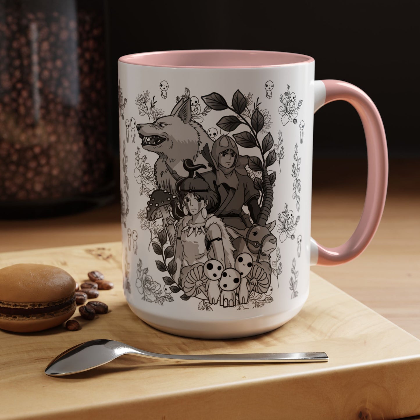 Princess Mononoke Black and White Accent Mug – Studio Ghibli Coffee Cup with Colored Handle – 11oz & 15oz Ceramic Anime Gift