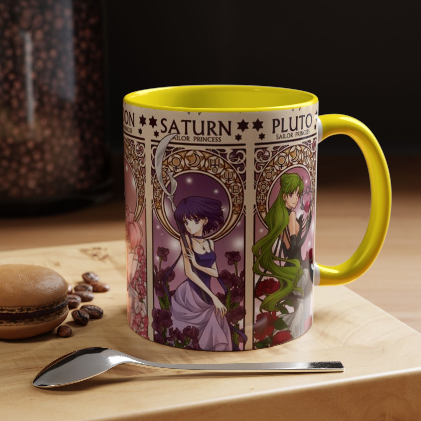 Sailor Moon Outer Guardians Accent Mug – Uranus Neptune Pluto Saturn – Color Handle Anime Cup 11oz 15oz