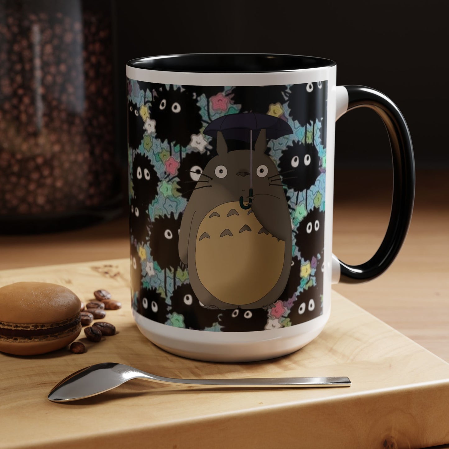 Totoro & Soot Sprites Accent Mug – Studio Ghibli Color Handle Cup – 11oz & 15oz Ceramic Anime Gift