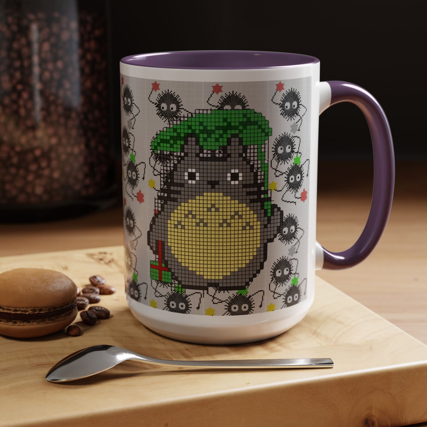 Totoro & Soot Sprites Accent Mug – Color Handle Studio Ghibli Cup – 11oz & 15oz Ceramic Anime Coffee Gift