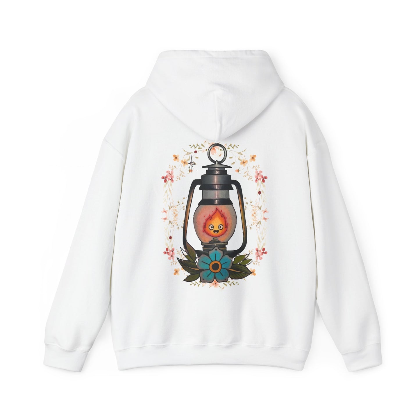 Calcifer Lamp Flowers Back Print Hoodie – 100% Cotton Studio Ghibli Inspired Sweatshirt