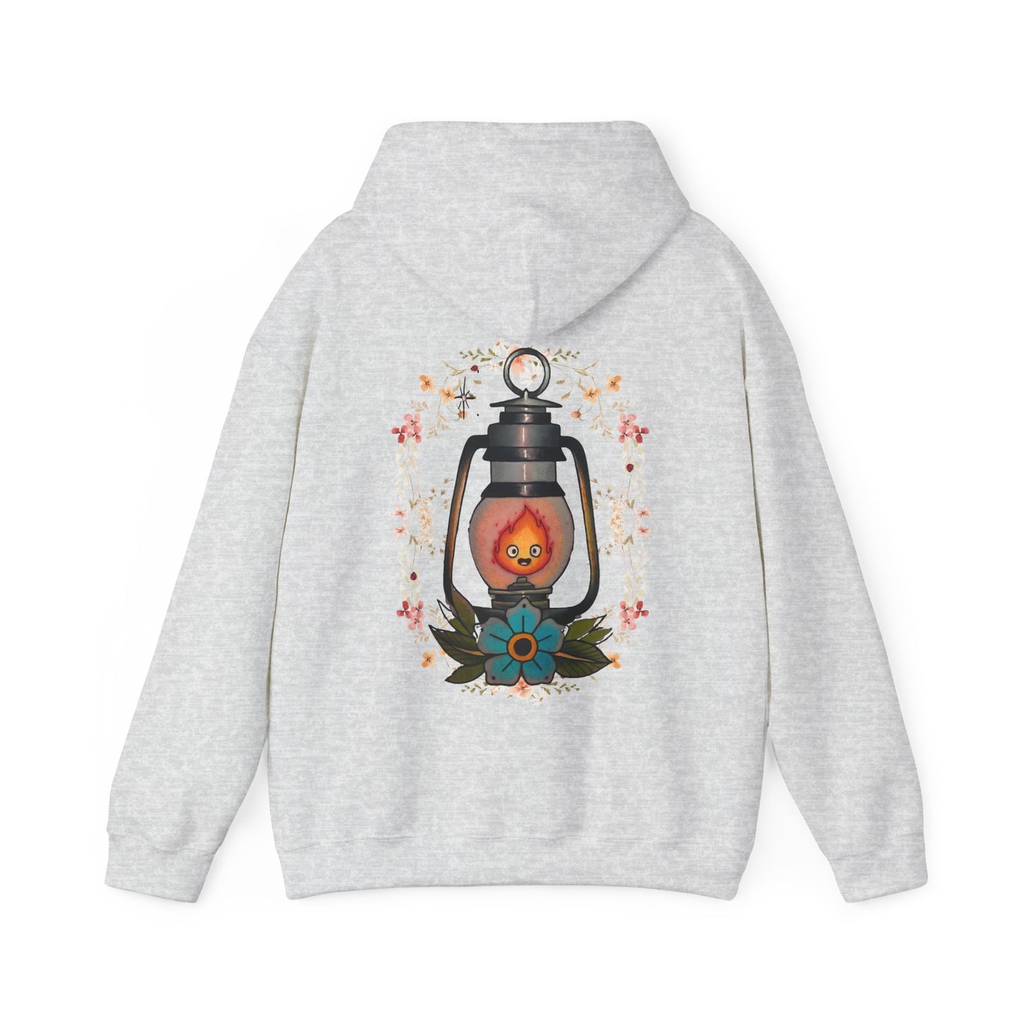 Calcifer Lamp Flowers Back Print Hoodie – 100% Cotton Studio Ghibli Inspired Sweatshirt