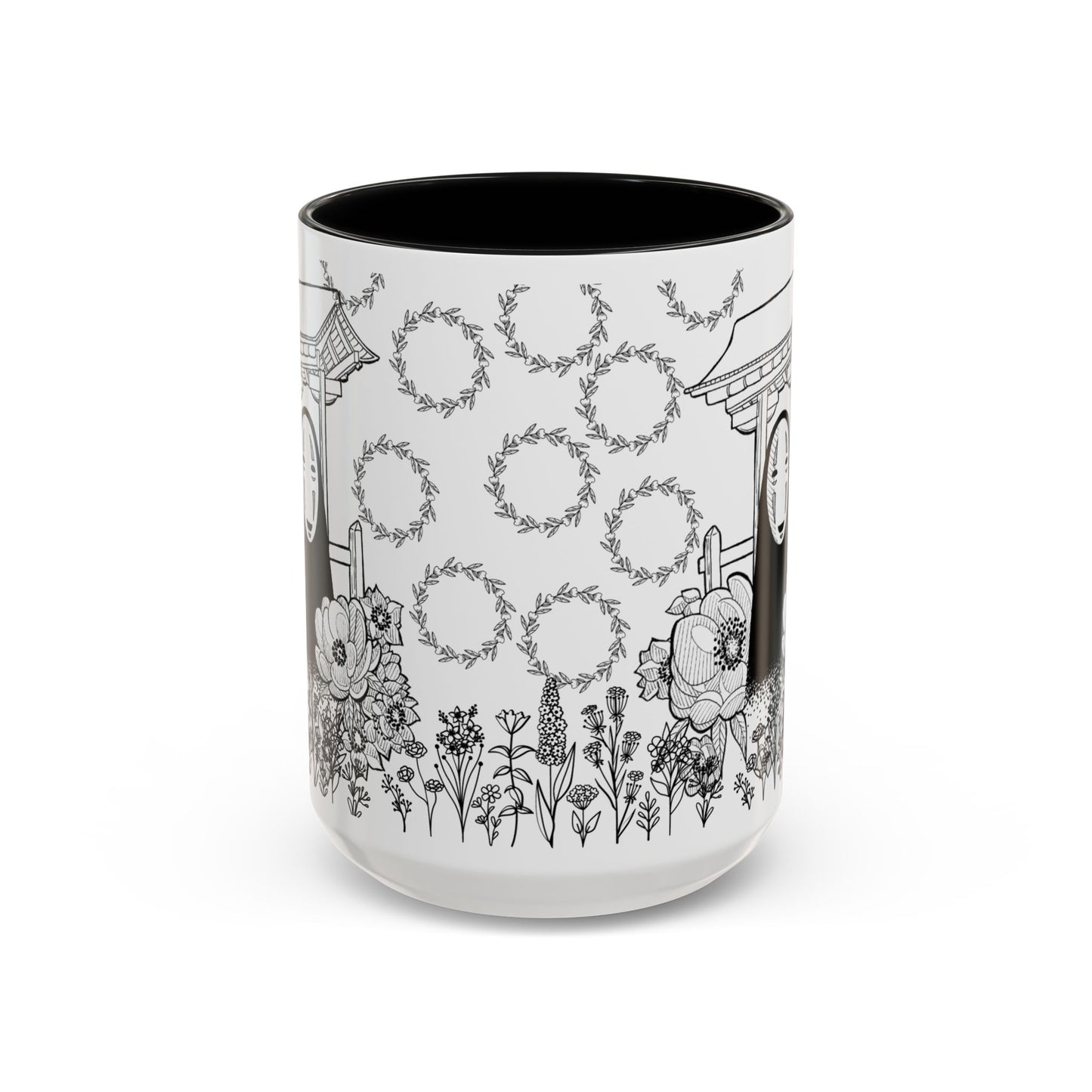 No Face Flowers Accent Mug – Studio Ghibli Inspired Coffee Cup – 11oz & 15oz Ceramic Anime Gift