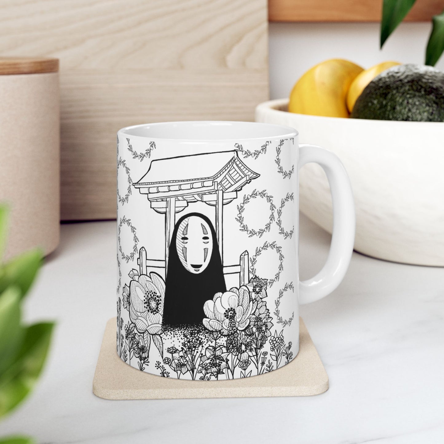 No Face Flowers Mug – Studio Ghibli Inspired Ceramic Cup – 11oz & 15oz Anime Coffee Mug Gift
