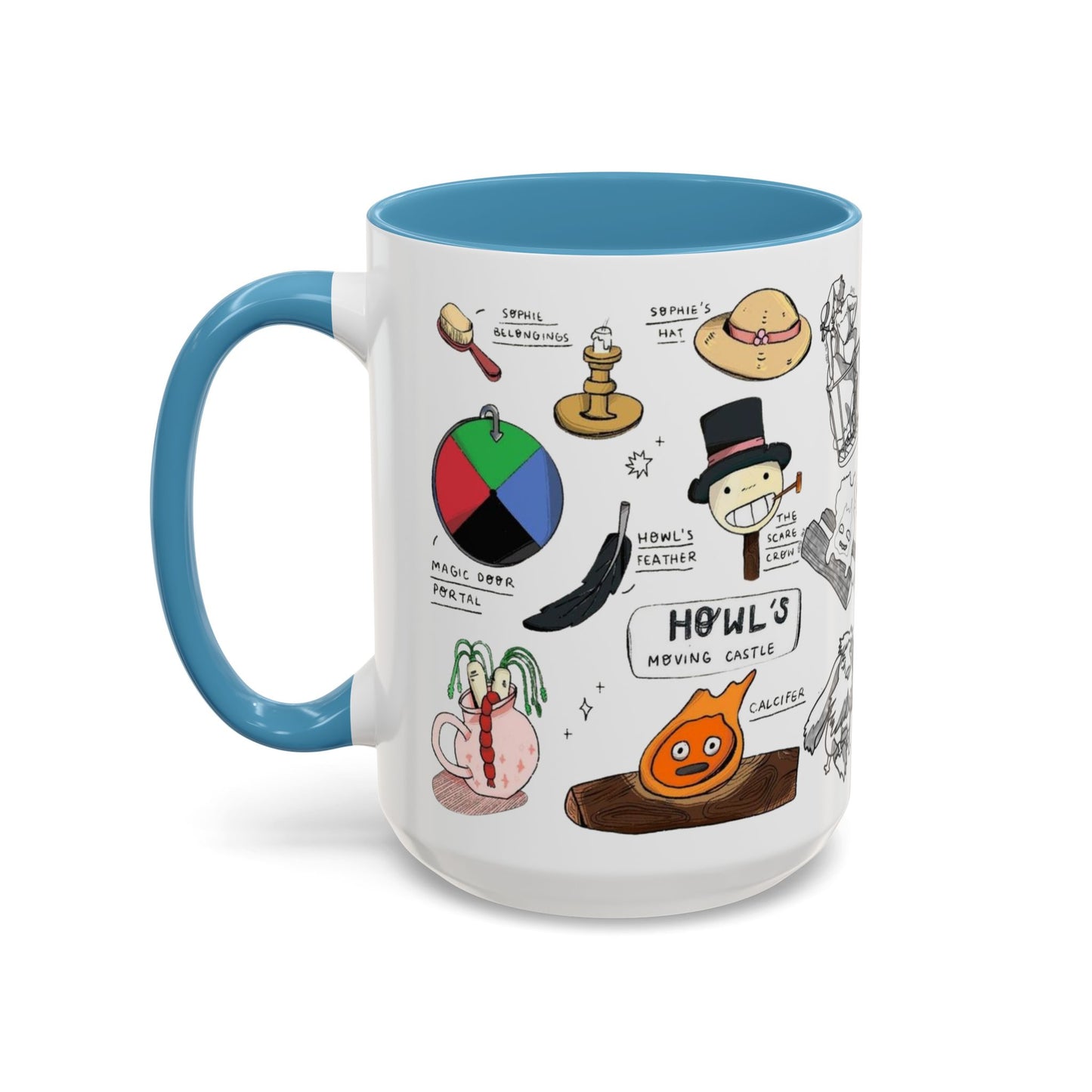 Howl’s Moving Castle Accent Mug – Ghibli Collage Color Handle Cup 11oz & 15oz – Anime Coffee Mug Featuring Howl & Calcifer
