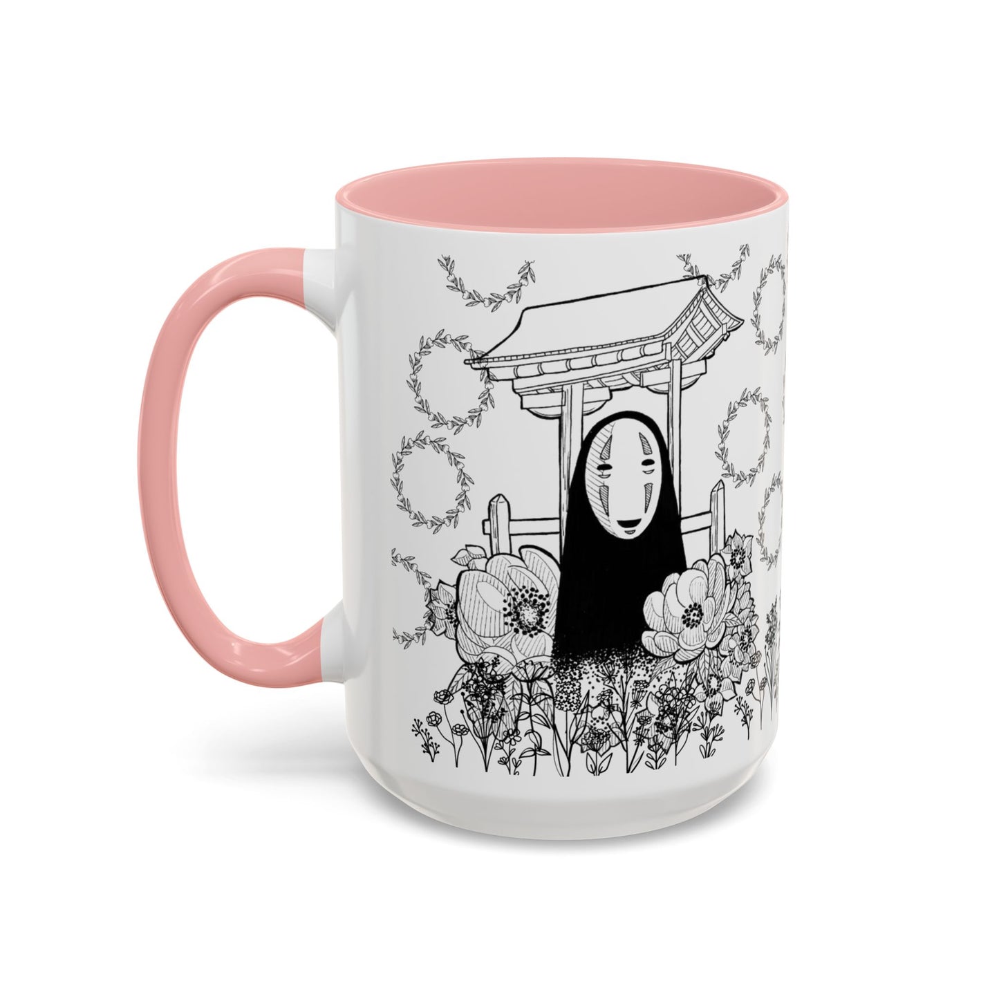 No Face Flowers Accent Mug – Studio Ghibli Inspired Coffee Cup – 11oz & 15oz Ceramic Anime Gift