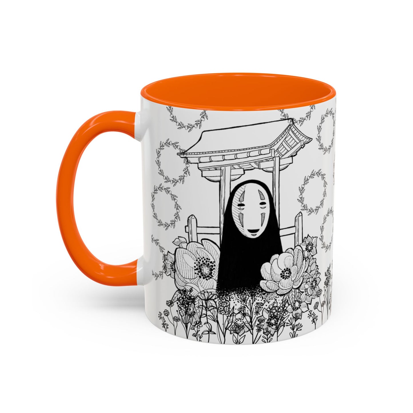 No Face Flowers Accent Mug – Studio Ghibli Inspired Coffee Cup – 11oz & 15oz Ceramic Anime Gift