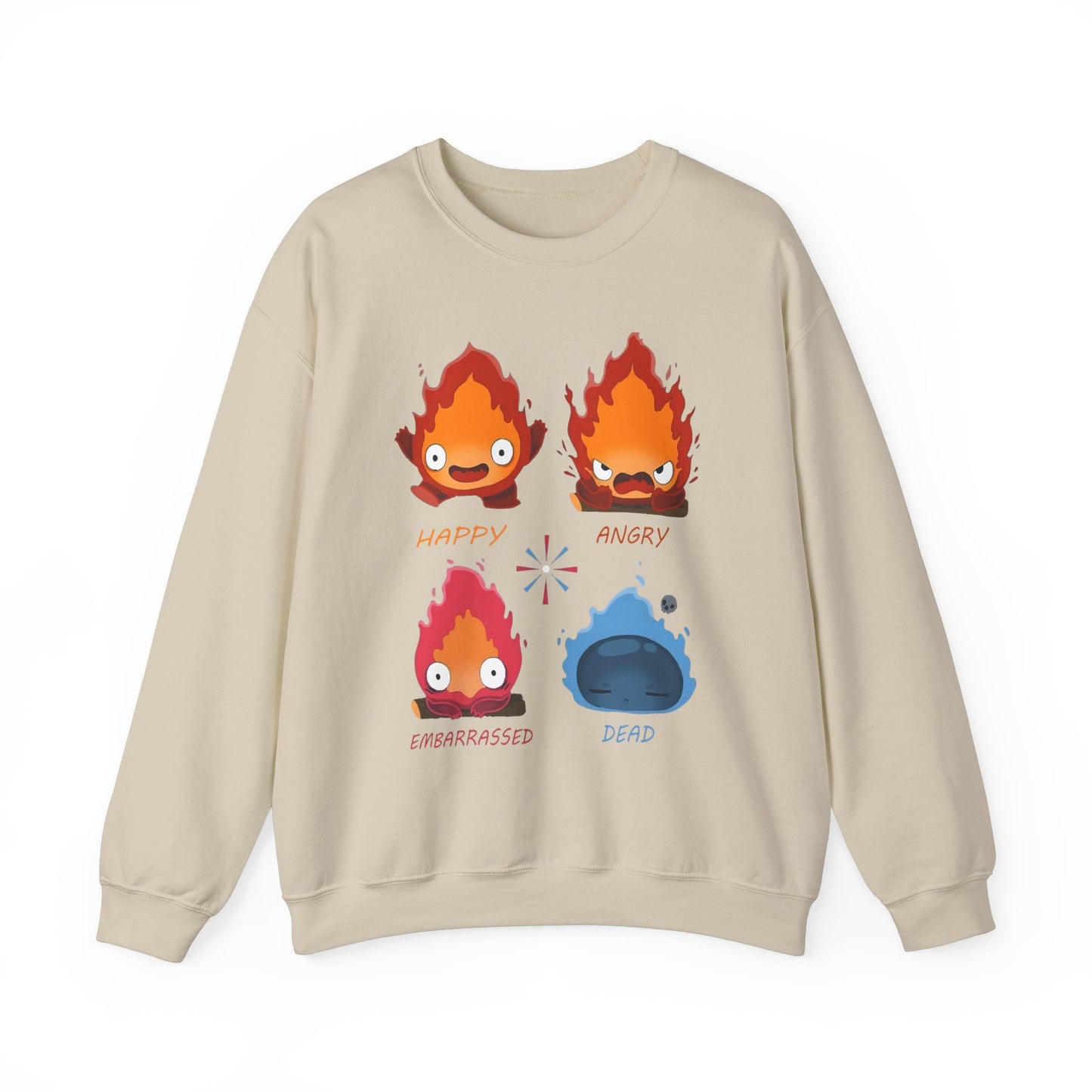 Calcifer Funny Faces Sweatshirt – 100% Cotton Howl’s Moving Castle Pullover for Studio Ghibli Fans