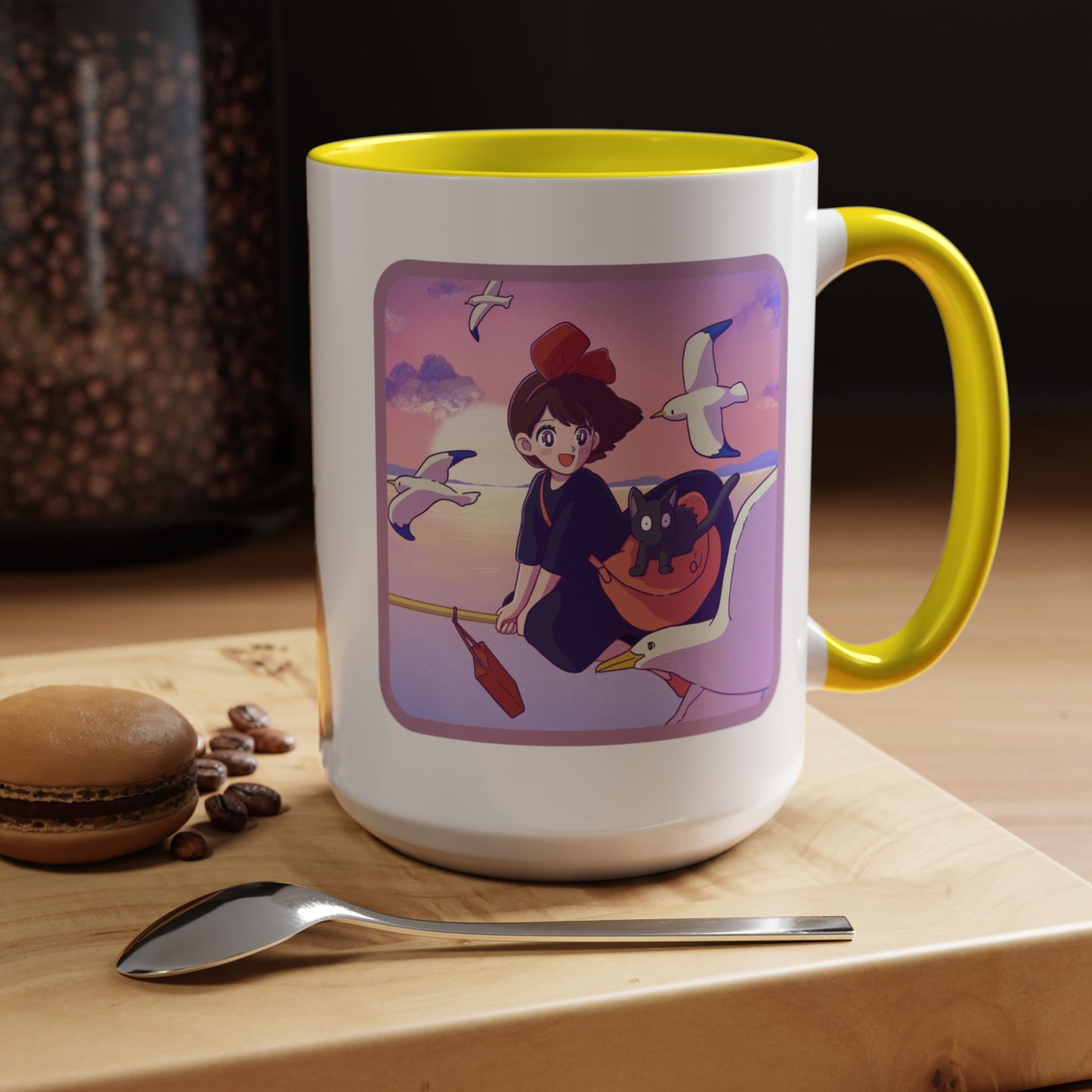 Jiji Funny Accent Mug – Kiki’s Delivery Service Color Handle Cup 11oz & 15oz – Cute Ghibli Cat Anime Gift
