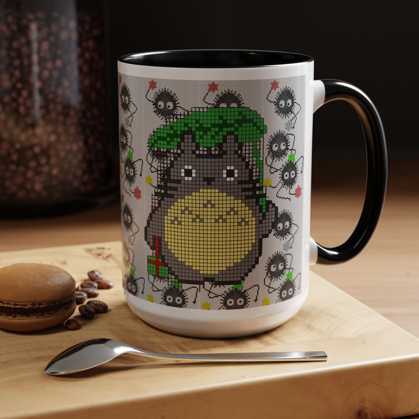 Totoro & Soot Sprites Accent Mug – Color Handle Studio Ghibli Cup – 11oz & 15oz Ceramic Anime Coffee Gift