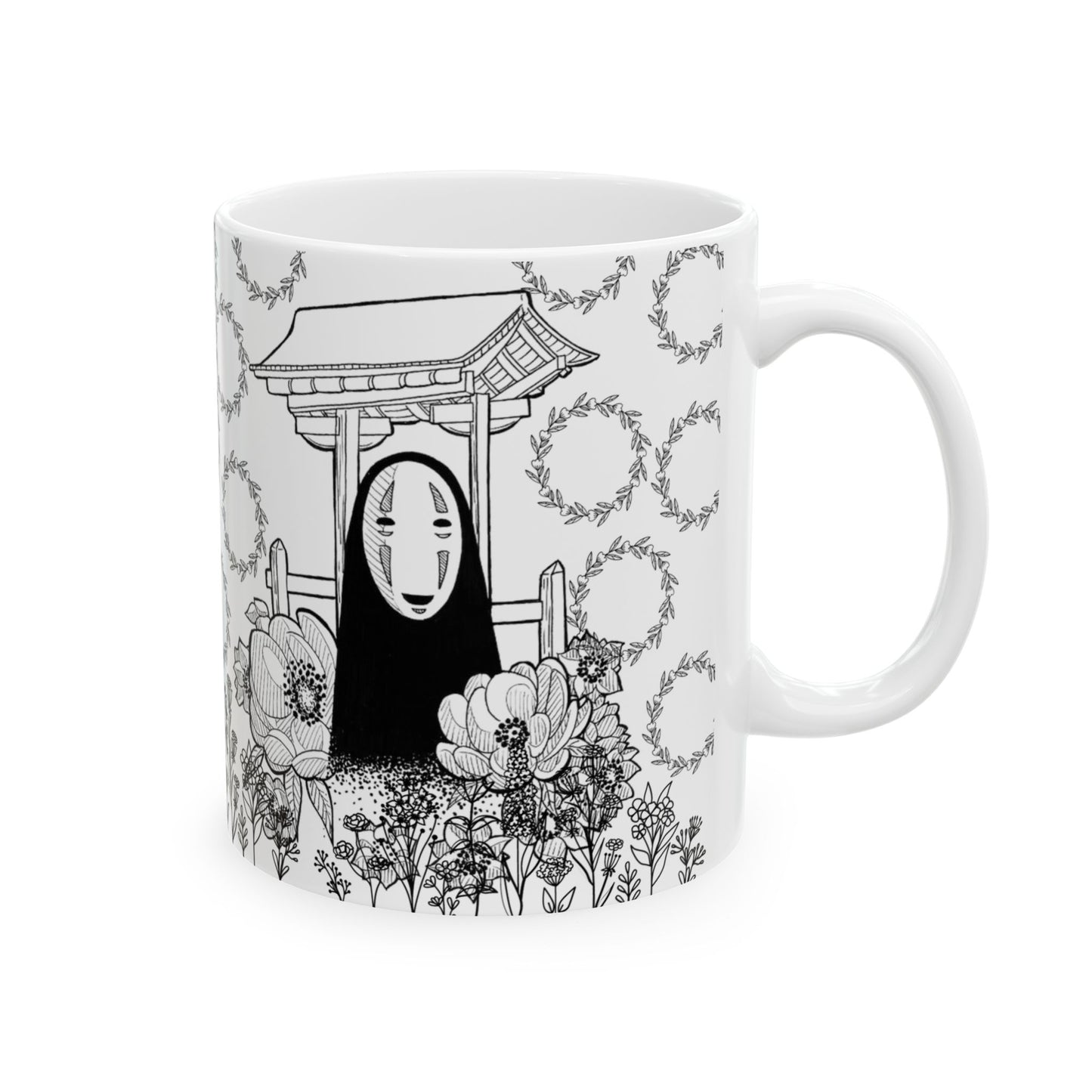 No Face Flowers Mug – Studio Ghibli Inspired Ceramic Cup – 11oz & 15oz Anime Coffee Mug Gift