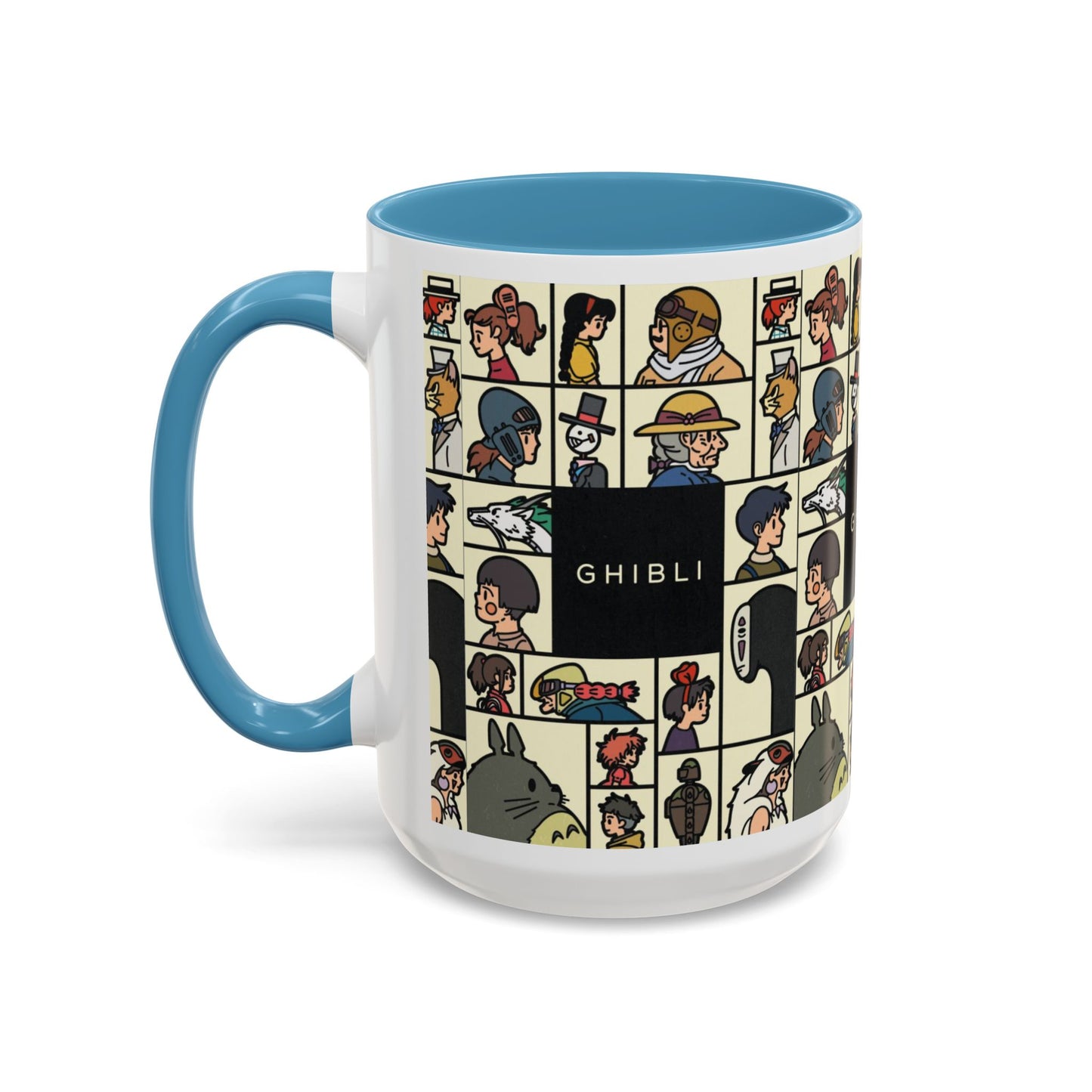 Studio Ghibli Characters Sketch Accent Mug – 11oz & 15oz Anime Coffee Cup with Color Handle