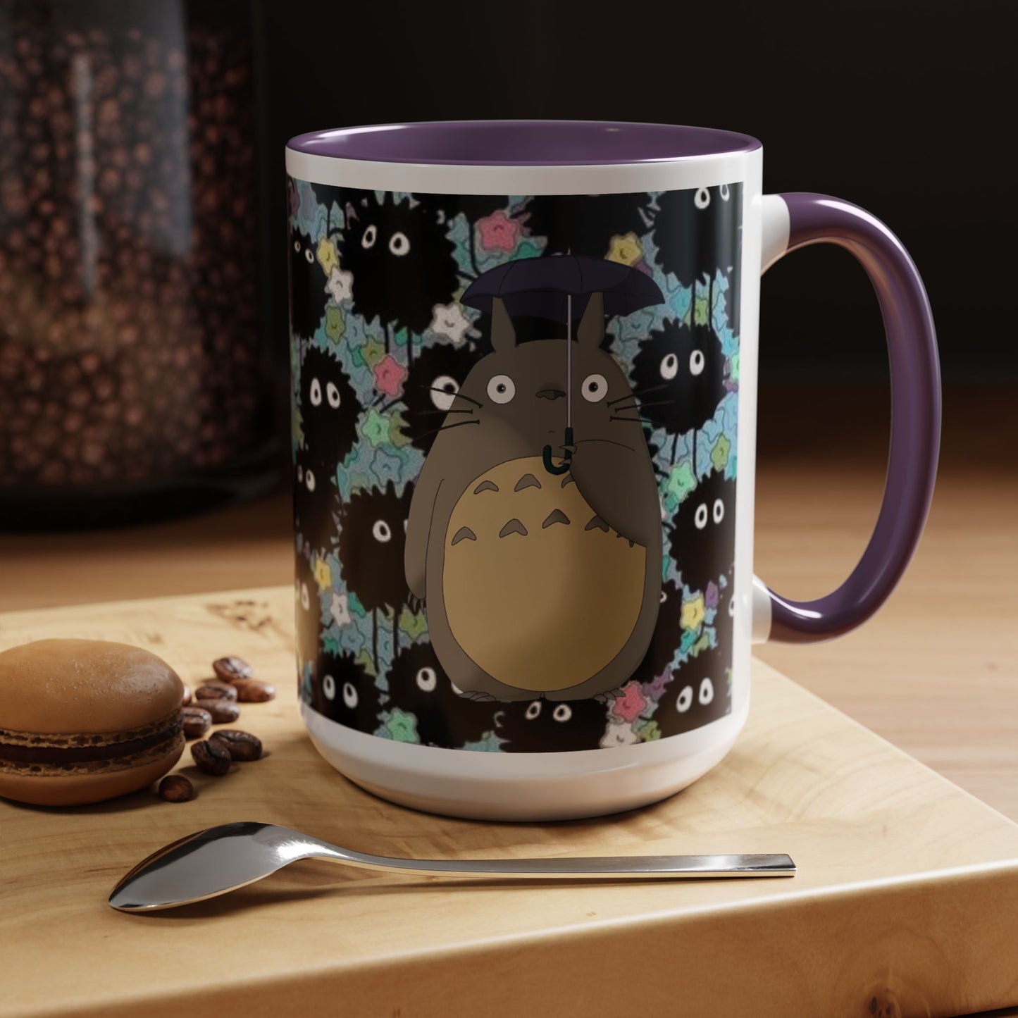 Totoro & Soot Sprites Accent Mug – Studio Ghibli Color Handle Cup – 11oz & 15oz Ceramic Anime Gift