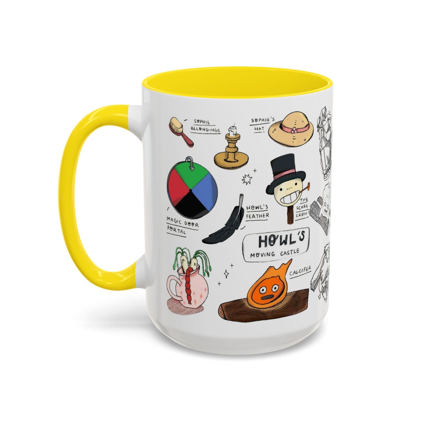 Howl’s Moving Castle Accent Mug – Ghibli Collage Color Handle Cup 11oz & 15oz – Anime Coffee Mug Featuring Howl & Calcifer