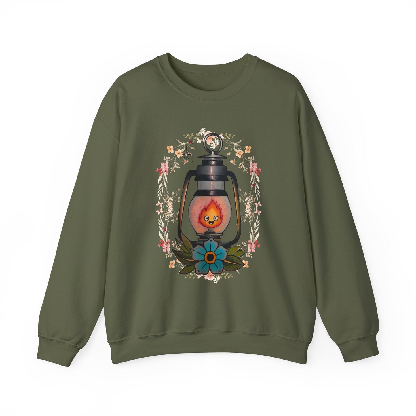 Calcifer Lamp Flowers Sweatshirt – Cozy 100% Cotton Howl’s Moving Castle Anime Pullover
