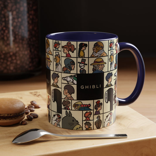 Studio Ghibli Characters Sketch Accent Mug – 11oz & 15oz Anime Coffee Cup with Color Handle