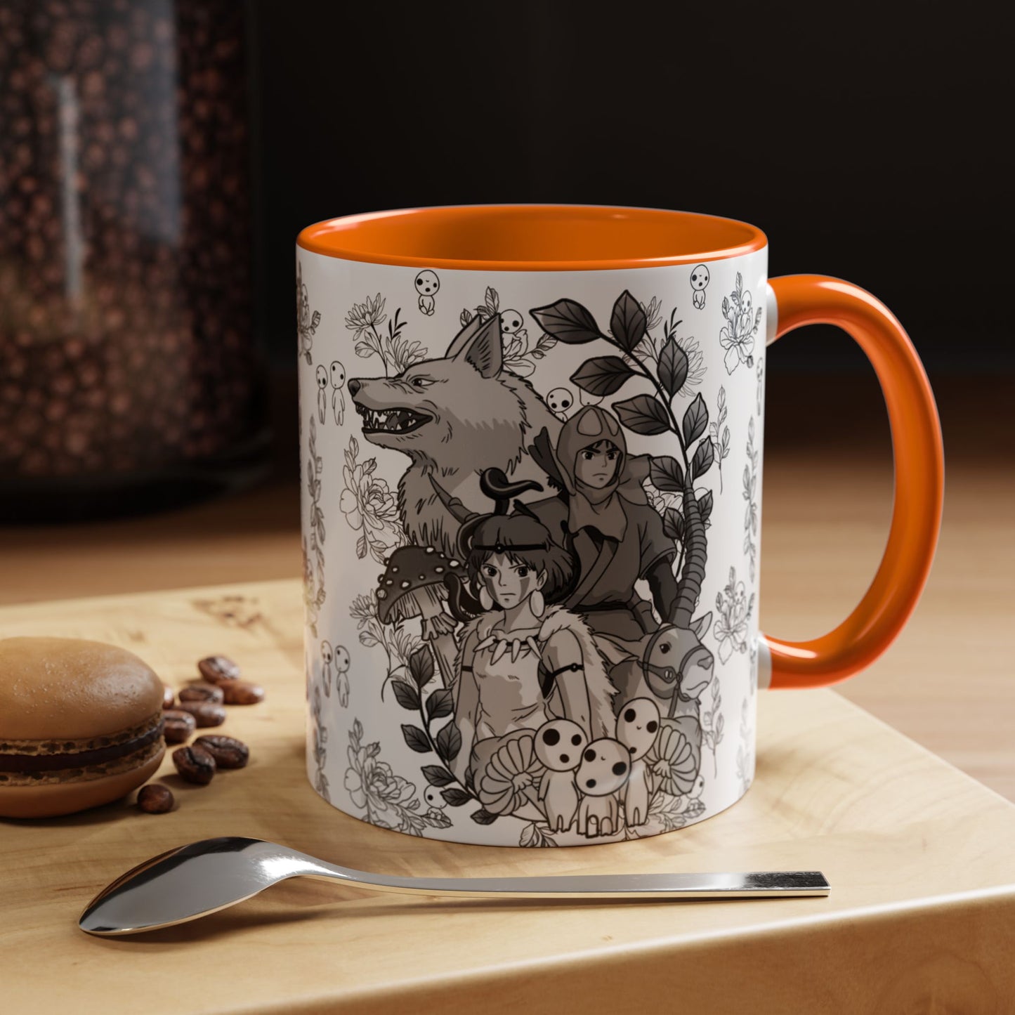 Princess Mononoke Black and White Accent Mug – Studio Ghibli Coffee Cup with Colored Handle – 11oz & 15oz Ceramic Anime Gift