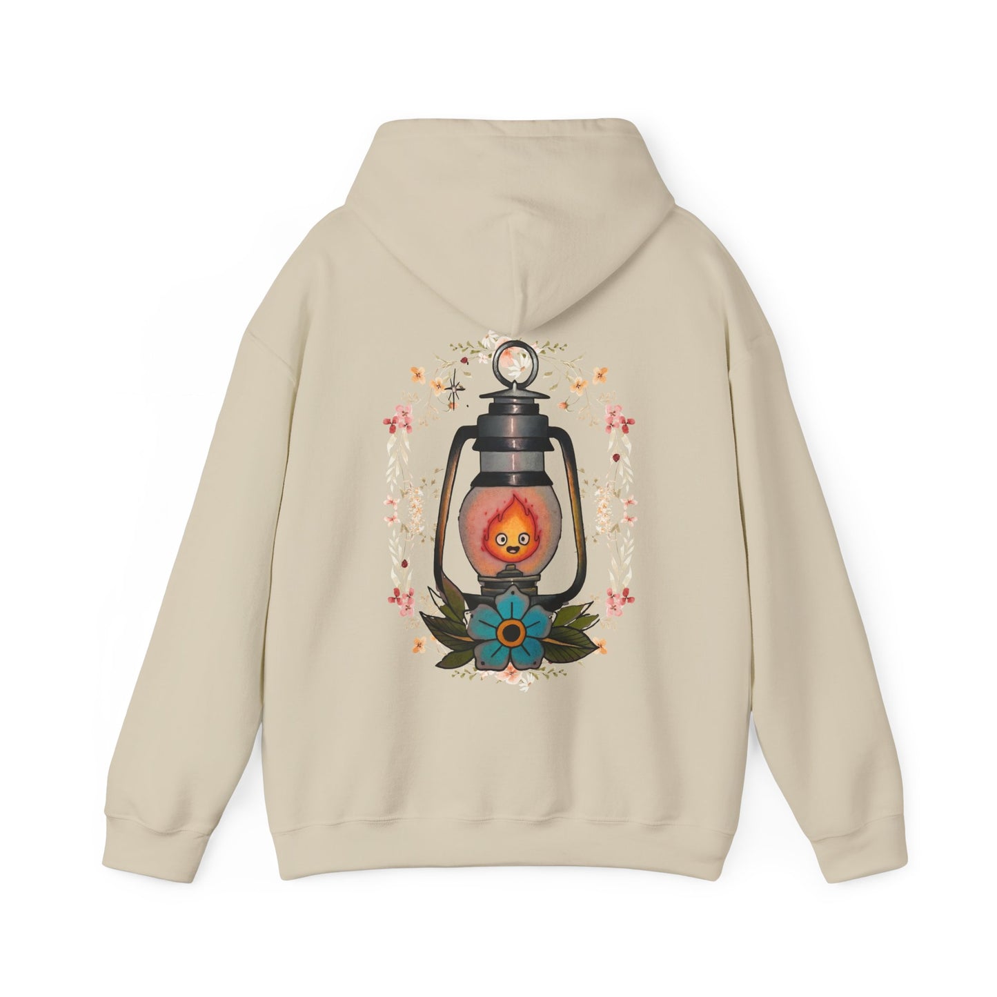 Calcifer Lamp Flowers Back Print Hoodie – 100% Cotton Studio Ghibli Inspired Sweatshirt
